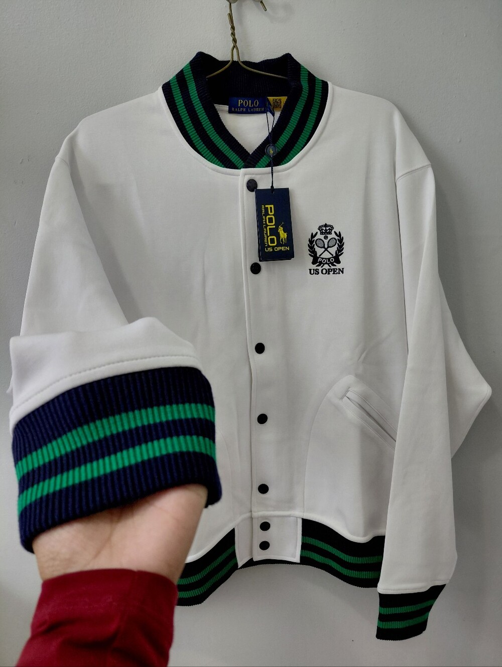 NWT Polo by Ralph Lauren White Bomber Jacket with Navy & Green Trim Size L